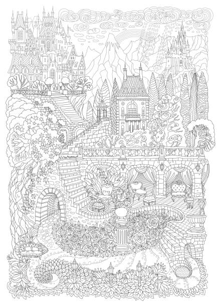 Fantasy landscape. Fairy tale castle on a hill in the mountains . stone staircase,grotto, pixie forest, garden roses, lilies. T-shirt print. Album cover. Coloring book page for adults. Black White Fantasy landscape. Fairy tale castle on a hill in the mountains . stone staircase,grotto, pixie forest, garden roses, lilies. T-shirt print. Album cover. Coloring book page for adults. Black White coloring book cover stock illustrations