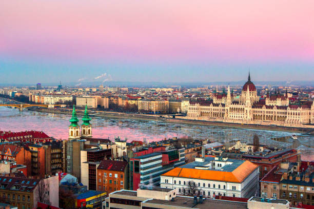 istock Panoramic overview of Budapest at pink sunset 860209710