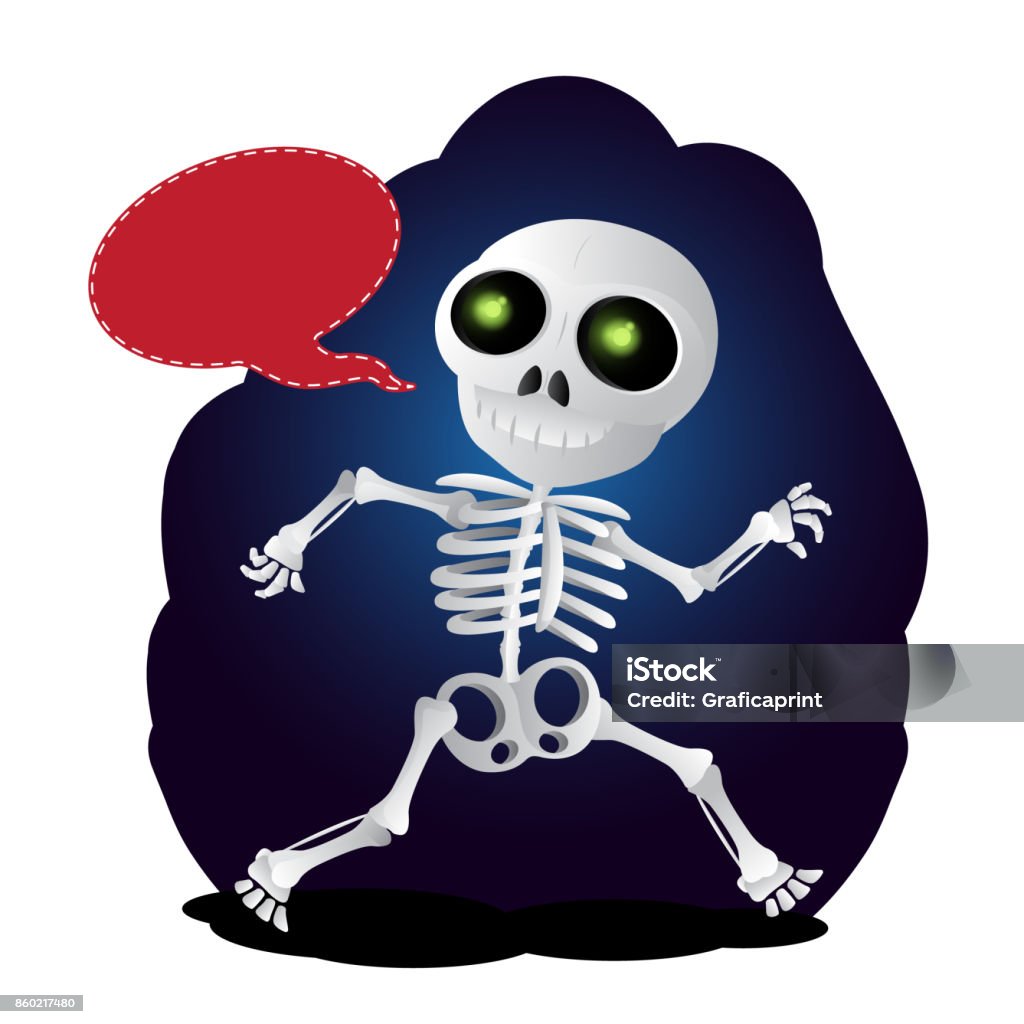 Happy cartoon skeleton runs with speach bubble Happy cartoon skeleton runs with speach bubble. Vector illustration to Happy Halloween isolated on white background Adult stock vector