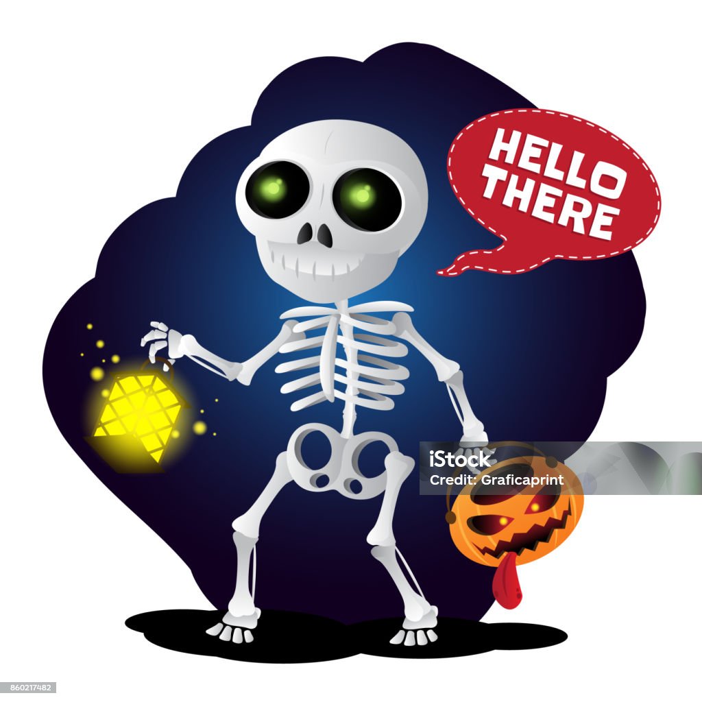 Happy cartoon skeleton walking with lantern and pumpkin head Happy cartoon skeleton walking with lantern and pumpkin head. Vector illustration to Happy Halloween isolated on white background Adult stock vector