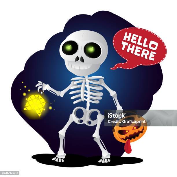 Happy Cartoon Skeleton Walking With Lantern And Pumpkin Head Stock Illustration - Download Image Now