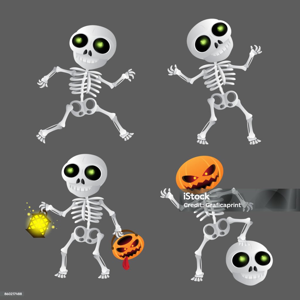 Happy cartoon skeleton set Happy cartoon skeleton set. Vector illustration to Happy Halloween on grey background Adult stock vector
