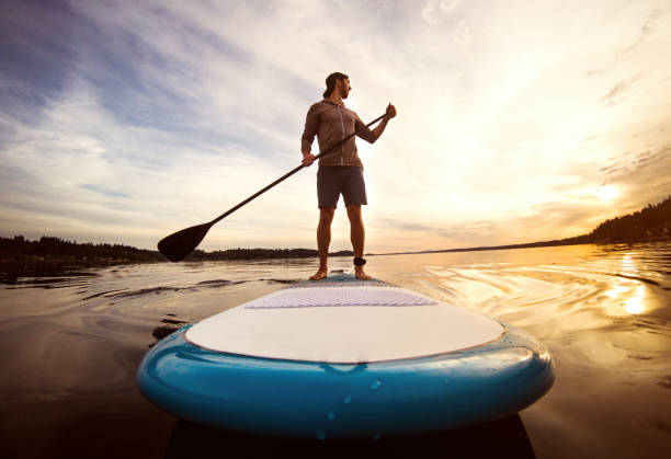 Man Riding Paddleboard on Puget Sound At Sunset A man on a paddle board enjoys the calm of the water at dusk on the Puget Sound in Washington state. paddleboard surfing oar water sport stock pictures, royalty-free photos & images