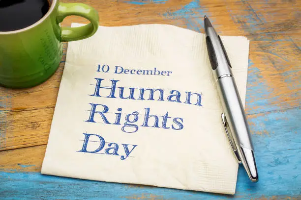 Human Rights Day (10 December)  - handwriting on a napkin with a cup of coffee