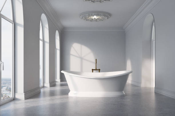 istock Gray bathroom, original white tub 860221796
