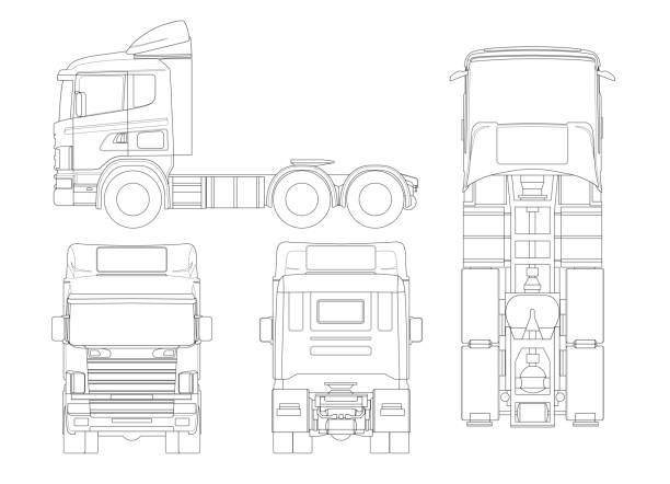 Truck tractor or semi-trailer truck in outline Combination of a tractor unit and one or more semi-trailers to carry freight. Truck tractor or semi-trailer truck in outline Combination of a tractor unit and one or more semi-trailers to carry freight truck drawings stock illustrations