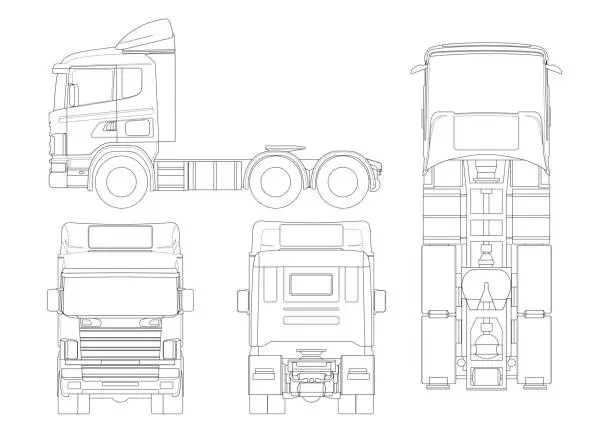Vector illustration of Truck tractor or semi-trailer truck in outline Combination of a tractor unit and one or more semi-trailers to carry freight.