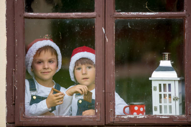 istock Two cute boys, brothers, looking through a window, waiting for Santa 860225616