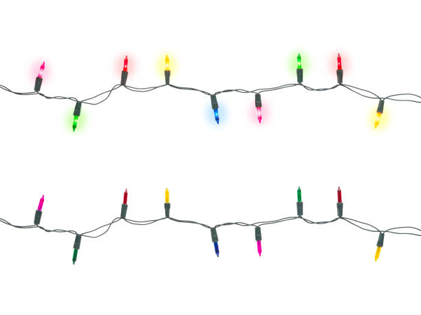 istock Christmas light bulbs on strings turned on and off in multi colours; blue, yellow, red, pink and green isolated on white background, Xmas holiday decoration concept (Clipping Path included) 860228158