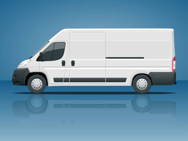 illustrazioni stock, clip art, cartoni animati e icone di tendenza di veicolo commerciale o auto logistica. minivan cargo isolato su sfondo blu vista laterale cambiare il colore in un clic tutti gli elementi in gruppi su livelli separati - delivery van distribution warehouse vector shipping