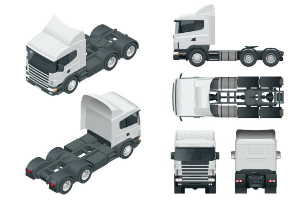 illustrazioni stock, clip art, cartoni animati e icone di tendenza di trattore per camion o semirimorchio. guarda davanti, posteriore, laterale, superiore e isometry anteriore, posteriore.. vettore modello di veicolo di consegna cargo isolato su bianco - truck semi truck vehicle trailer rear view