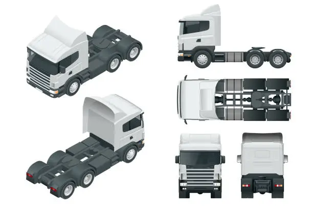 Vector illustration of Truck tractor or semi-trailer truck. View front, rear, side, top and isometry front, back.. Cargo delivering vehicle template vector isolated on white