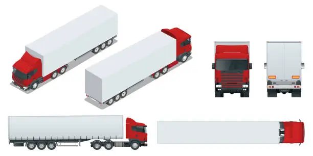 Vector illustration of Truck trailer with container. Car for the carriage of goods. Cargo delivering vehicle template vector isolated on white View front, rear, side, top and isometry front, back.