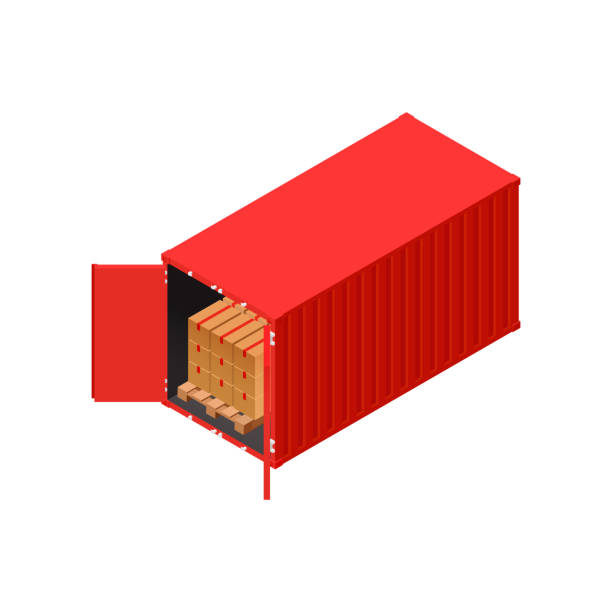 Isometric red shipping container loaded with palet cardboards Isometric red shipping container loaded with palet cardboards - vector icon cargo container container open shipping stock illustrations