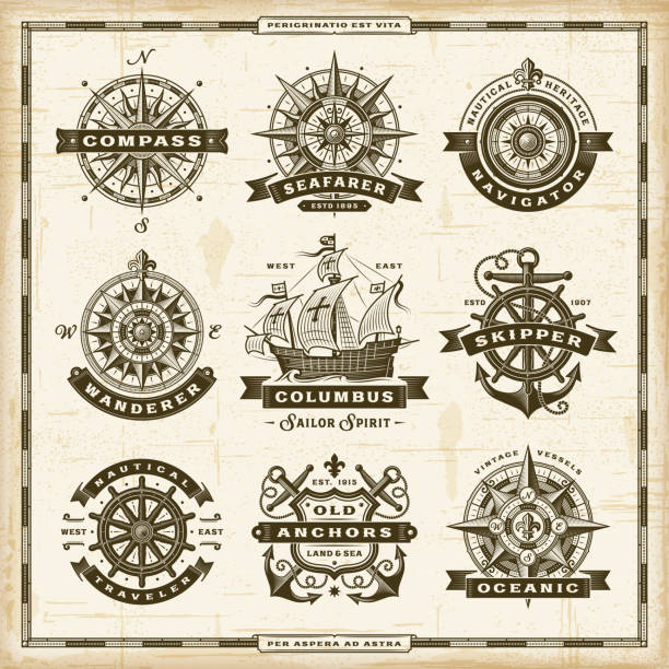 Vintage nautical labels collection A set of vintage nautical labels in retro woodcut style. Editable EPS10 vector illustration. journey borders stock illustrations