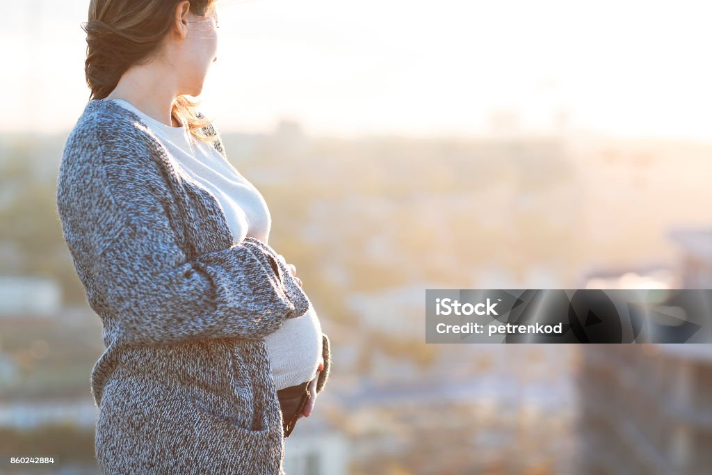 Día de otoño al aire libre joven embarazada feliz - Foto de stock de Embarazada libre de derechos
