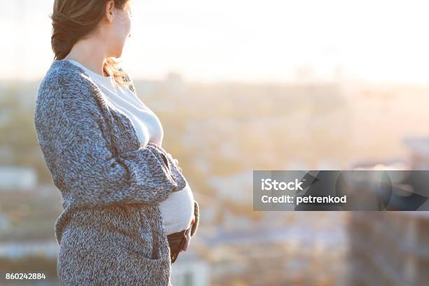 Día De Otoño Al Aire Libre Joven Embarazada Feliz Foto de stock y más banco de imágenes de Embarazada - Embarazada, Ciudad, Mujeres