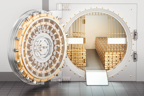 istock Open Bank Vault with golden ingots, 3D rendering 860243266