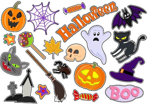 Colorful vector set of stickers/ badges/ icons/ patches/ design elements with pumpkin and cat, ghost, web and sweets, broom, spider and skull on white background. Badges of the holiday of Halloween.