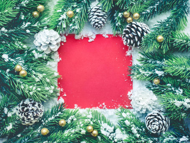istock Christmas ornament with pine branch,red card on snow 860253350