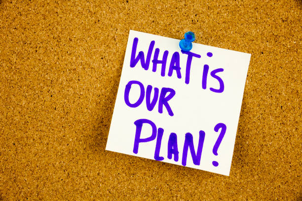 istock A yellow sticky note writing, caption, inscription What is our plan in black ext on a sticky note pinned to a cork notice board 860253384
