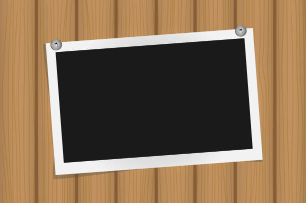 istock Square frame template on metal pins with shadows on brown wooden texture. Vector illustration 860253422