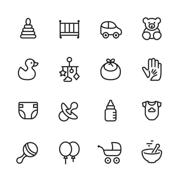 Baby Goods - outline icon set 16 line black and white icons / Set #28 teddy bear stock illustrations