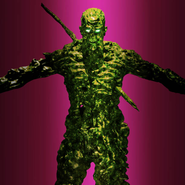 Anger demon stands in a blue ray of light. 3D illustration in genre of horror. Scary character.