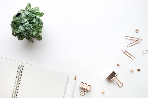 istock Top view of Mockup notepad and accessories on white backgroung 860254952