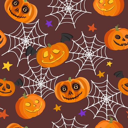 Vector pattern with bright different laughing pumpkins, white spider web and multicolored stars on dark background for Halloween. Suitable as design for packaging paper, festive background, textiles.