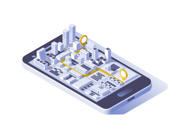 mobile gps und tracking-konzept. lage track app auf touchscreen-smartphone auf isometrische stadt kartenhintergrund. 3d vektor-illustration. - street technology blueprint city stock-grafiken, -clipart, -cartoons und -symbole