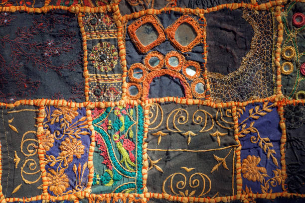 istock Retro patchwork on old cotton handmade carpet. Patterns on texture of vintage blanket surface with flowers 860261166