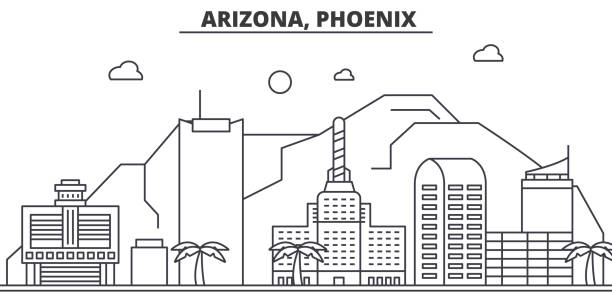 arizona, phoenix architektura linii skyline ilustracji. liniowy wektorowy pejzaż miejski ze słynnymi punktami orientacyjnymi, zabytkami miasta, ikonami designu. poziome z edytowalnymi pociągnięć - phoenix arizona skyline desert stock illustrations