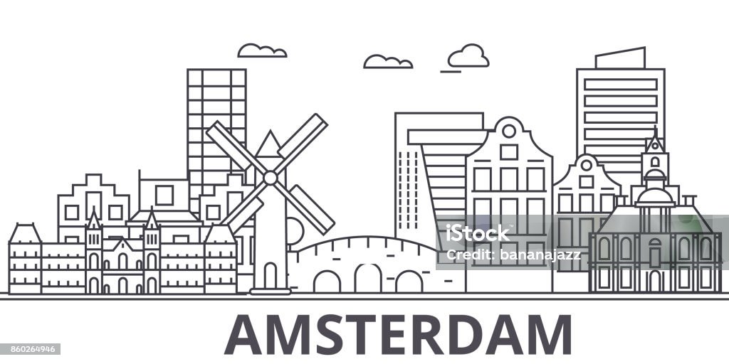 Illustration skyline de Amsterdam architecture ligne. Cityscape vecteur linéaire avec les monuments célèbres, les sites de la ville, les icônes du design. Paysage avec traits modifiables - clipart vectoriel de Amsterdam libre de droits