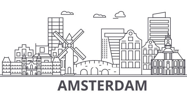 Amsterdam architecture line skyline illustration. Linear vector cityscape with famous landmarks, city sights, design icons. Landscape wtih editable strokes Amsterdam architecture line skyline illustration. Linear vector cityscape with famous landmarks, city sights, design icons. Editable strokes canal house stock illustrations