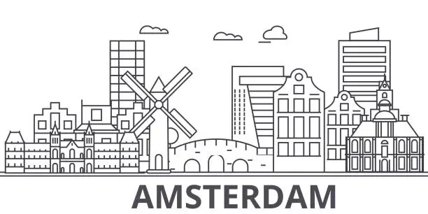 Vector illustration of Amsterdam architecture line skyline illustration. Linear vector cityscape with famous landmarks, city sights, design icons. Landscape wtih editable strokes