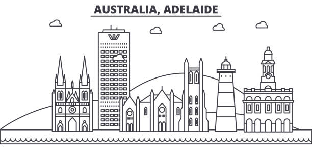 Australia, Adelaide architecture line skyline illustration. Linear vector cityscape with famous landmarks, city sights, design icons. Landscape wtih editable strokes Australia, Adelaide architecture line skyline illustration. Linear vector cityscape with famous landmarks, city sights, design icons. Editable strokes adelaide skyline stock illustrations