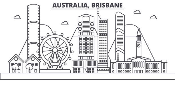 ilustrações de stock, clip art, desenhos animados e ícones de australia, brisbane architecture line skyline illustration. linear vector cityscape with famous landmarks, city sights, design icons. landscape wtih editable strokes - australian culture scenics australia panoramic