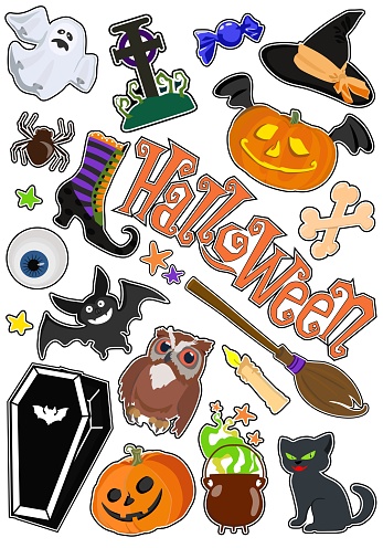 Colorful vector set of stickers/ badges/ icons/ patches/ design elements with pumpkin and cat, ghost, witch boot, hat, candy, broom, spider and cauldron, bones and coffin isolated on white background. Badges of the holiday of Halloween.