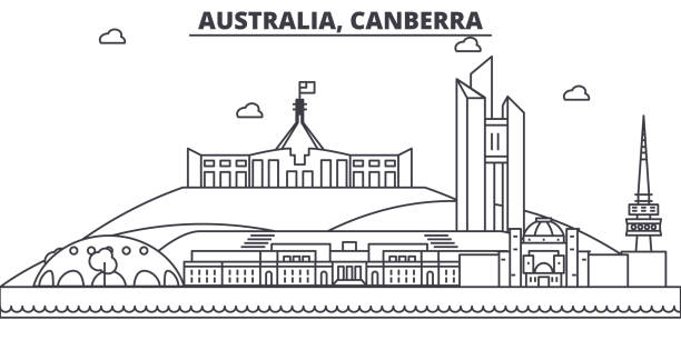 australien, canberra architektur linie skyline abbildung. linearer vektor stadtbild mit berühmten sehenswürdigkeiten, sehenswürdigkeiten der stadt, design-ikonen. landschaft mit editierbaren striche - australian culture scenics australia panoramic stock-grafiken, -clipart, -cartoons und -symbole