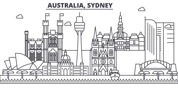 illustrazioni stock, clip art, cartoni animati e icone di tendenza di australia, illustrazione dello skyline della linea di architettura di sydney. paesaggio urbano vettoriale lineare con monumenti famosi, attrazioni della città, icone di design. orizzontale con tratti modificabili - sydney australia australia sydney harbor skyline