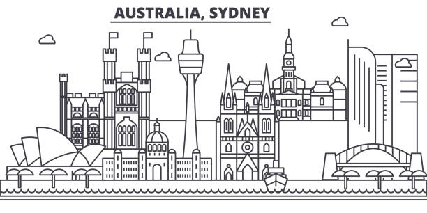 Australia, Sydney architecture line skyline illustration. Linear vector cityscape with famous landmarks, city sights, design icons. Landscape wtih editable strokes Australia, Sydney architecture line skyline illustration. Linear vector cityscape with famous landmarks, city sights, design icons. Editable strokes sydney ferry stock illustrations