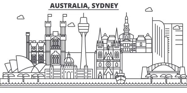 Vector illustration of Australia, Sydney architecture line skyline illustration. Linear vector cityscape with famous landmarks, city sights, design icons. Landscape wtih editable strokes