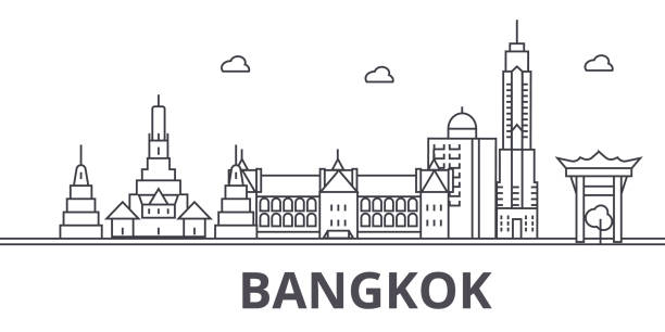 illustrations, cliparts, dessins animés et icônes de illustration skyline de bangkok architecture ligne. cityscape vecteur linéaire avec les monuments célèbres, les sites de la ville, les icônes du design. paysage avec traits modifiables - buddha ancient asia asian culture