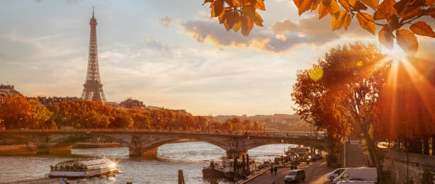 parigi con torre eiffel contro le foglie autunnali in francia - paris france panoramic seine river bridge foto e immagini stock