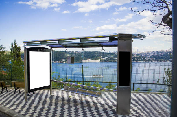 istock bus stop bus stop advertising, billboard in a very perfect view and bosphorus river 860269462