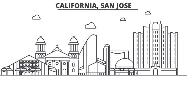 illustrazioni stock, clip art, cartoni animati e icone di tendenza di illustrazione dello skyline della linea di architettura california san jose. paesaggio urbano vettoriale lineare con monumenti famosi, attrazioni della città, icone di design. orizzontale con tratti modificabili - silicon valley