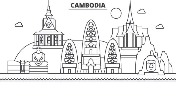 Vector illustration of Cambodia architecture line skyline illustration. Linear vector cityscape with famous landmarks, city sights, design icons. Landscape wtih editable strokes