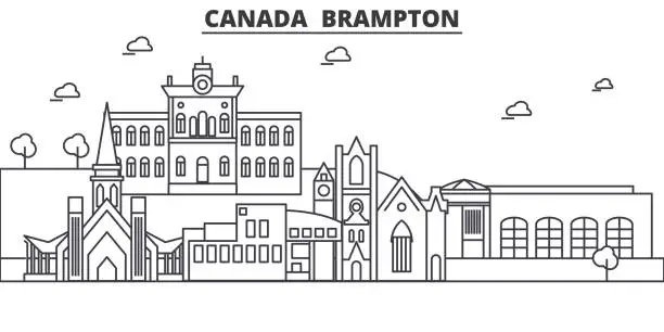 Vector illustration of Canada, Brampton architecture line skyline illustration. Linear vector cityscape with famous landmarks, city sights, design icons. Landscape wtih editable strokes