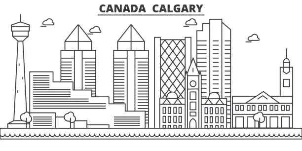Vector illustration of Canada, Calgary architecture line skyline illustration. Linear vector cityscape with famous landmarks, city sights, design icons. Landscape wtih editable strokes